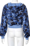 Blue Fashion Camouflage Print Patchwork Hooded Collar Outerwear