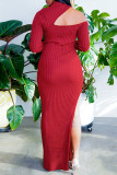 Red Sexy Solid Slit Half A Turtleneck One Step Skirt Dresses