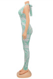 Green Fashion Sexy Print Bandage Backless Halter Sleeveless Two Pieces