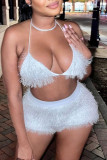 White Sexy Solid Patchwork Feathers Halter Sleeveless Two Pieces