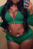 Green Sexy Patchwork Hot Drill Hooded Collar Long Sleeve Two Pieces