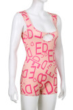 Pink Sexy Print Hollowed Out Patchwork U Neck Regular Rompers