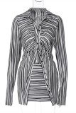 Black Fashion Casual Striped Print Patchwork Turndown Collar Long Sleeve Two Pieces