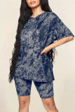 Grey Fashion Casual Print Patchwork O Neck Short Sleeve Two Pieces