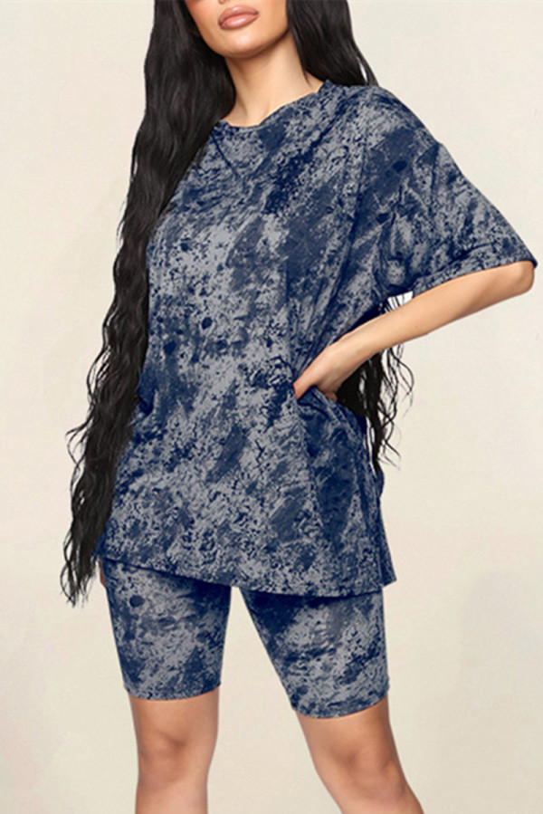 Grey Fashion Casual Print Patchwork O Neck Short Sleeve Two Pieces