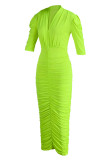 Fluorescent Green Fashion Casual Solid Fold V Neck One Step Skirt Dresses