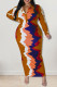 Orange Casual Print Patchwork Turndown Collar One Step Skirt Plus Size Dresses