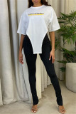 White Fashion Casual Letter Print Asymmetrical O Neck T-Shirts