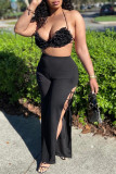 Black Fashion Casual Solid Bandage Slit Regular High Waist Trousers