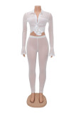 White Fashion Sexy Solid Patchwork See-through Turndown Collar Long Sleeve Two Pieces