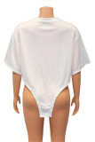 White Fashion Casual Letter Print Asymmetrical O Neck T-Shirts