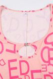 Pink Sexy Print Hollowed Out Patchwork U Neck Regular Rompers