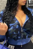 Blue Fashion Camouflage Print Patchwork Hooded Collar Outerwear
