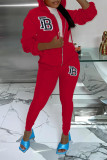 Red Casual Sportswear Solid Embroidered Patchwork Hooded Collar Long Sleeve Two Pieces