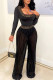 Black Sexy Print Patchwork See-through U Neck Long Sleeve Two Pieces
