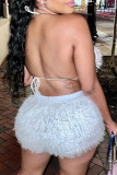 White Sexy Solid Patchwork Feathers Halter Sleeveless Two Pieces