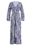 Blue White Fashion Casual Print Patchwork V Neck Regular Jumpsuits