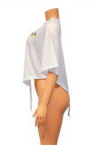 White Fashion Casual Letter Print Asymmetrical O Neck T-Shirts