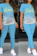 Light Blue Fashion Print Patchwork O Neck Short Sleeve Two Pieces