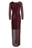 Burgundy Sexy Solid Sequins Patchwork Slit V Neck Evening Dress Dresses