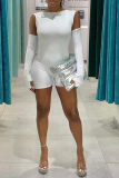 White Sexy Solid Backless Hot Drill O Neck Skinny Rompers