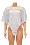 White Fashion Casual Letter Print Asymmetrical O Neck T-Shirts