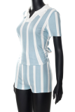 Blue White Fashion Striped Patchwork Turndown Collar Short Sleeve Two Pieces