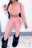 Pink Casual Solid Patchwork Zipper Hooded Collar Long Sleeve Two Pieces