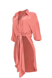 Pink Casual Solid High Opening Turndown Collar Shirt Dress Dresses