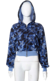 Blue Fashion Camouflage Print Patchwork Hooded Collar Outerwear