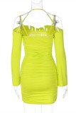 Green Yellow Fashion Sexy Solid Backless Off the Shoulder Long Sleeve Dresses