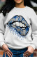 White Fashion Street Lips Printed Patchwork O Neck Tops