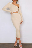 Apricot Sexy Solid Hollowed Out Patchwork Asymmetrical Asymmetrical Collar Pencil Skirt Dresses