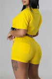 Yellow Fashion Casual Solid Patchwork O Neck Short Sleeve Two Pieces