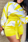 Yellow Casual Print Bandage O Neck Long Sleeve Two Pieces