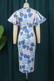 White Elegant Print Patchwork Slit O Neck One Step Skirt Dresses