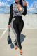 Black Fashion Print Patchwork Zipper Collar Long Sleeve Two Pieces