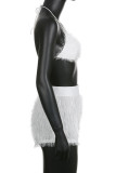 White Sexy Solid Patchwork Feathers Halter Sleeveless Two Pieces