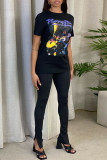 Black Fashion Casual Print Patchwork O Neck T-Shirts