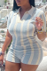 Blue White Fashion Striped Patchwork Turndown Collar Short Sleeve Two Pieces