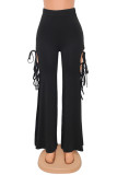 Black Fashion Casual Solid Bandage Slit Regular High Waist Trousers