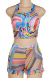 Colour Fashion Sexy Print Patchwork O Neck Sleeveless Two Pieces