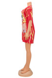 Red Fashion Casual Print Patchwork O Neck Short Sleeve Dress