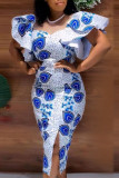 White Elegant Print Patchwork Slit O Neck One Step Skirt Dresses