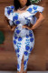 White Elegant Print Patchwork Slit O Neck One Step Skirt Dresses