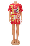 Red Fashion Casual Print Patchwork O Neck Short Sleeve Dress