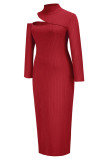 Red Sexy Solid Slit Half A Turtleneck One Step Skirt Dresses