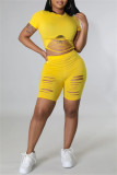 Yellow Fashion Casual Solid Ripped Hollowed Out O Neck Short Sleeve Two Pieces