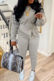 White Grey Fashion Solid Patchwork O Neck Long Sleeve Two Pieces