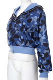 Blue Fashion Camouflage Print Patchwork Hooded Collar Outerwear